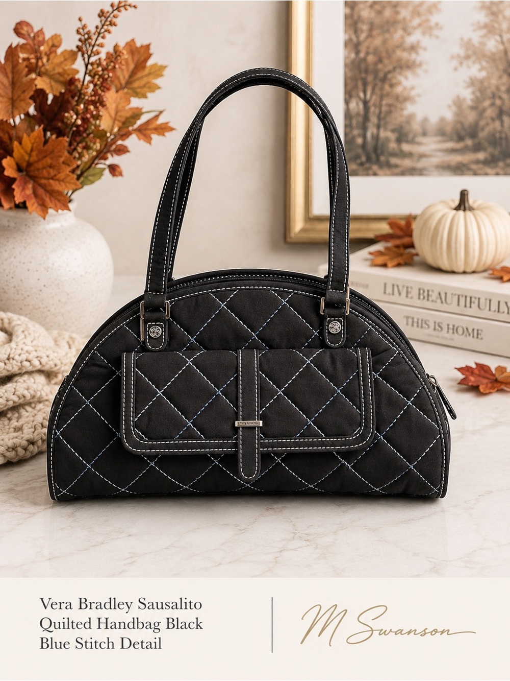 Vera Bradley Sausalito Quilted Handbag in Black Microfiber & Blue Stitch Detail